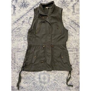 Miami Sleeveless Olive Green Utility Vest Womens Medium Pockets Tunic Zip Front